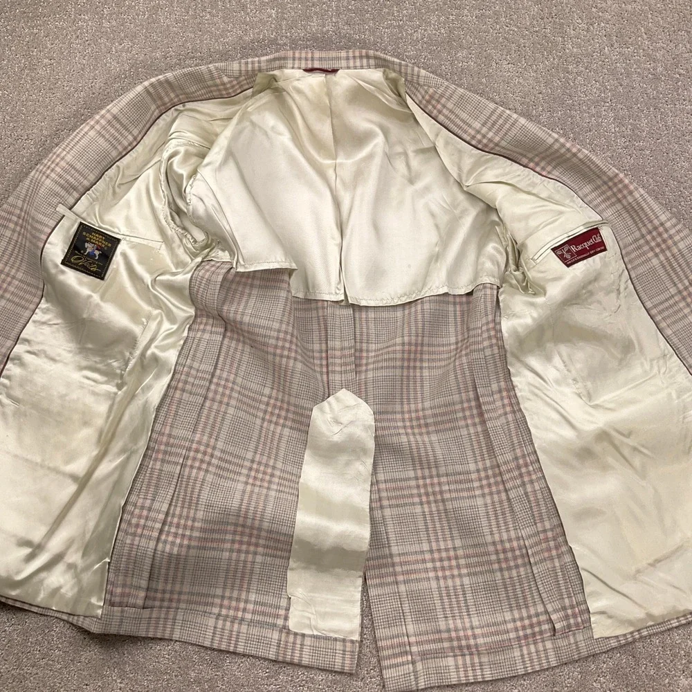 Hart Schaffner Marx Blazer Mens 38 Beige Pink Gray Plaid 80s Preppy Jacket‎ USA